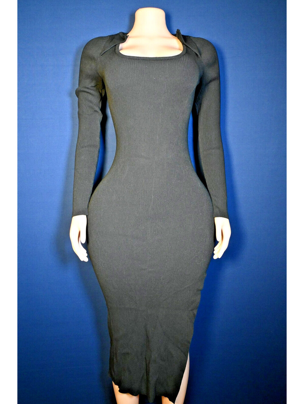 Better Be Black Ribbed Knit Midi Dress Square Neck Side Slit Size M